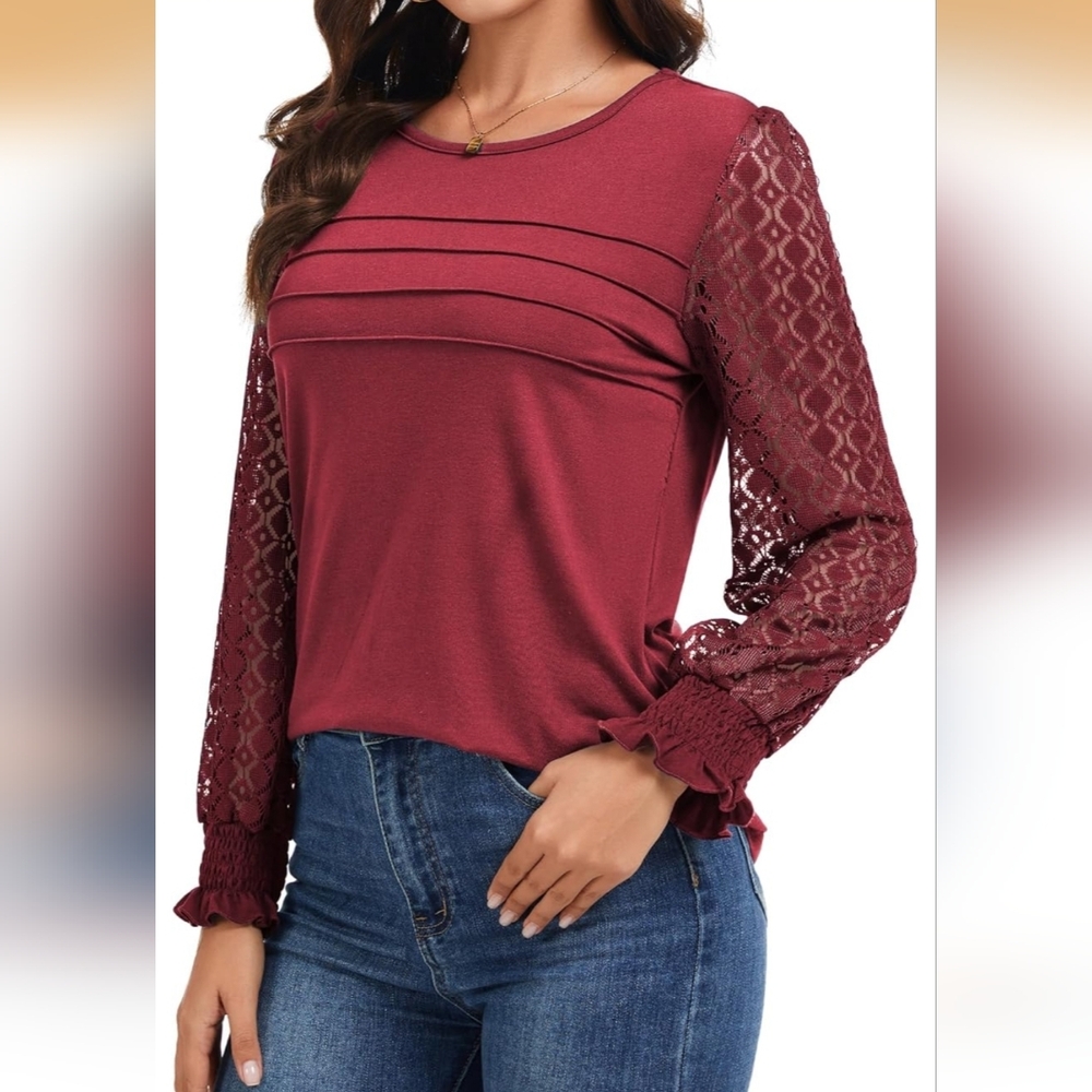Elegant Burgundy Lace Sleeve Top Size Large - Picture 4 of 7